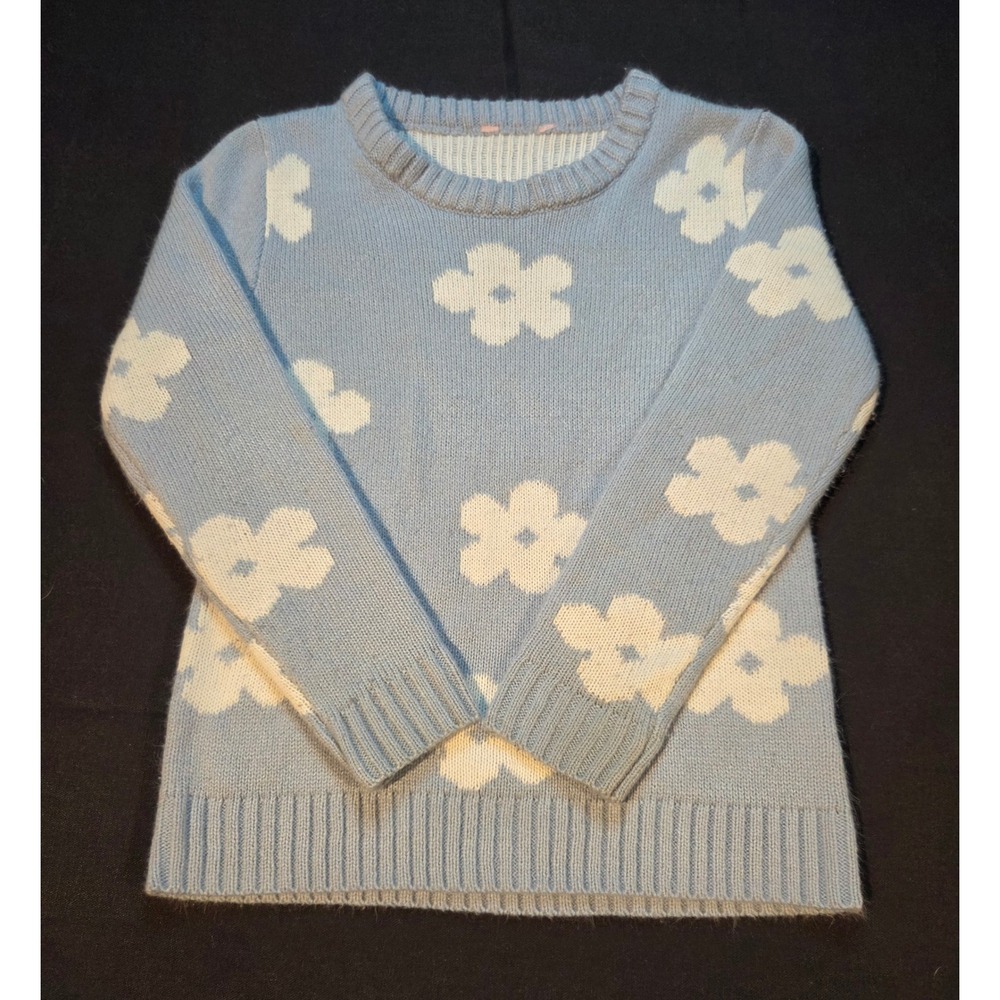 Kids Light Blue Floral Daisy Knit Sweater Crewneck Long Sleeve Size 10/12